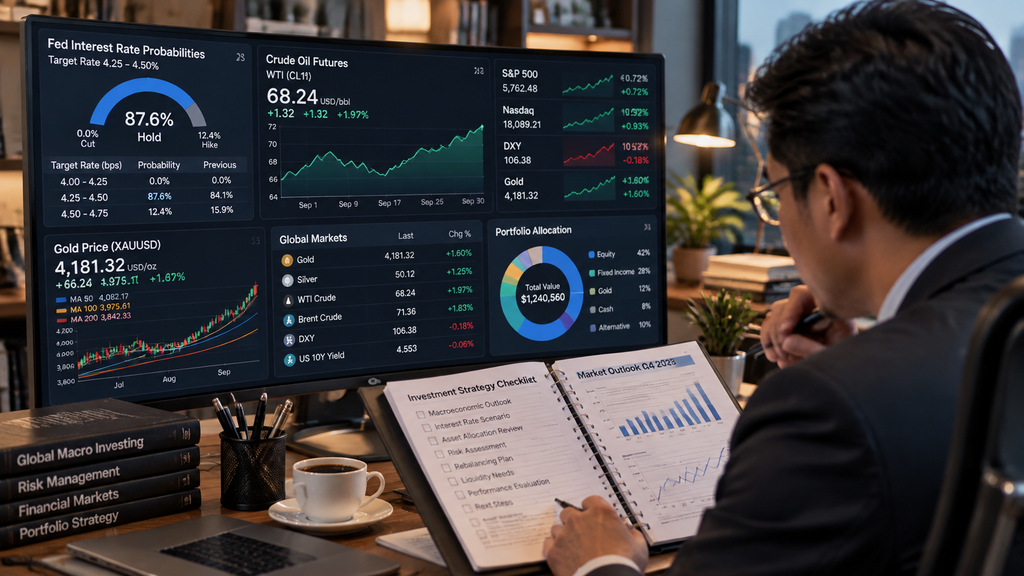 Harga Emas Dunia Mulai Menguat Hari Ini usai Anjlok Hampir 4 Persen 6 Monitor stasiun kerja keuangan menampilkan visualisasi tujuh indikator pasar termasuk CME FedWatch Tool.