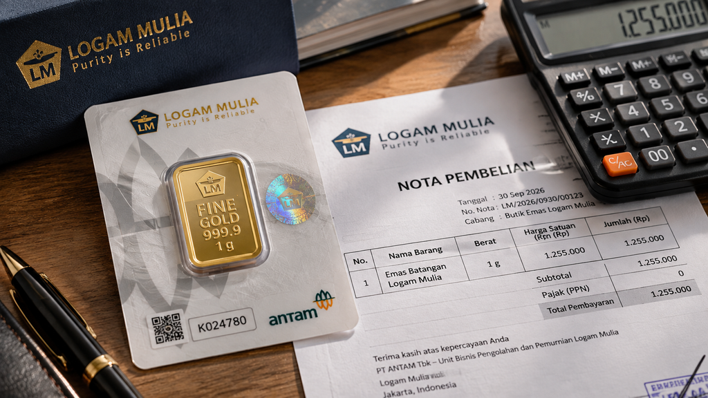 Harga Emas Dunia Mulai Menguat Hari Ini usai Anjlok Hampir 4 Persen 5 Emas batangan Antam pecahan 1 gram berstempel resmi di samping kuitansi faktur pajak Logam Mulia.