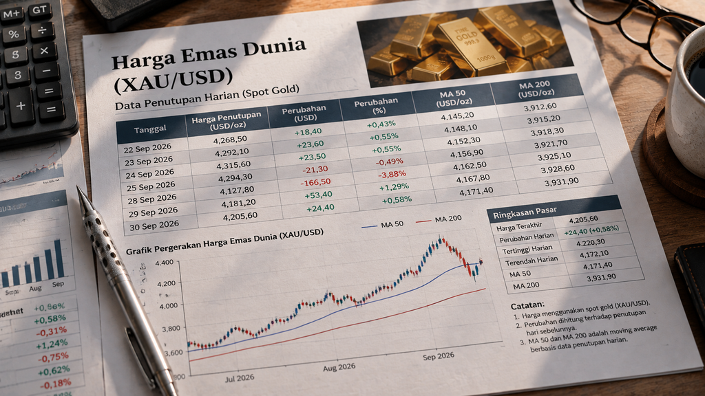 Harga Emas Dunia Mulai Menguat Hari Ini usai Anjlok Hampir 4 Persen 4 Lembaran tabel data historis harga penutupan emas spot harian dari tanggal 22 hingga 30 September 2026.