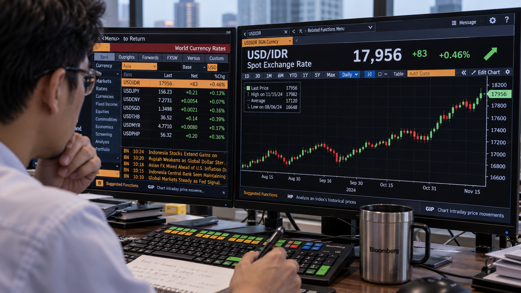 Layar monitor terminal keuangan menampilkan grafik pergerakan nilai tukar rupiah pasar spot yang melemah ke level Rp17.956.