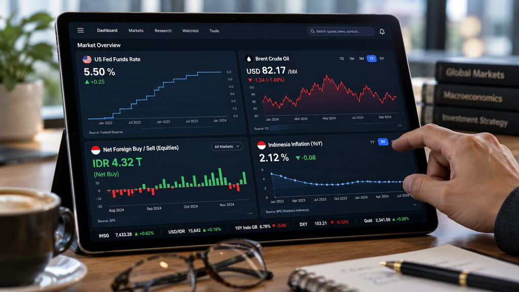 Dasbor aplikasi pemantauan keuangan yang merangkum 7 indikator kunci termasuk suku bunga The Fed, inflasi, dan arus modal asing.
