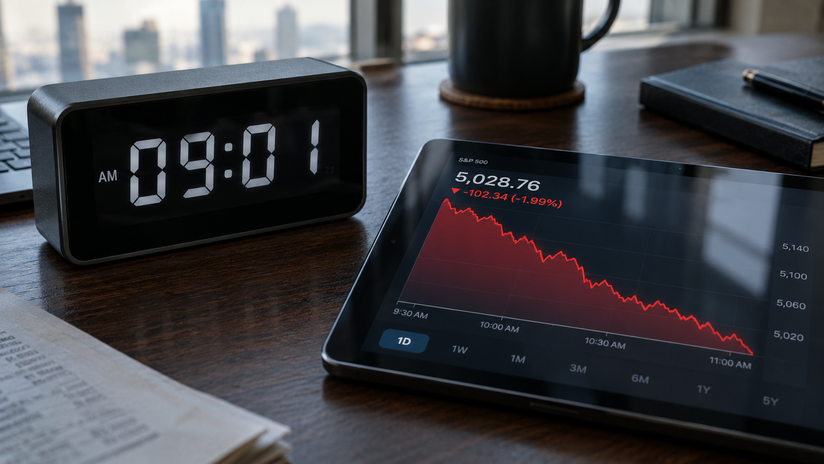 Jam digital meja menunjukkan pukul 09.01 berdampingan dengan layar tablet yang menampilkan grafik saham menurun tajam.