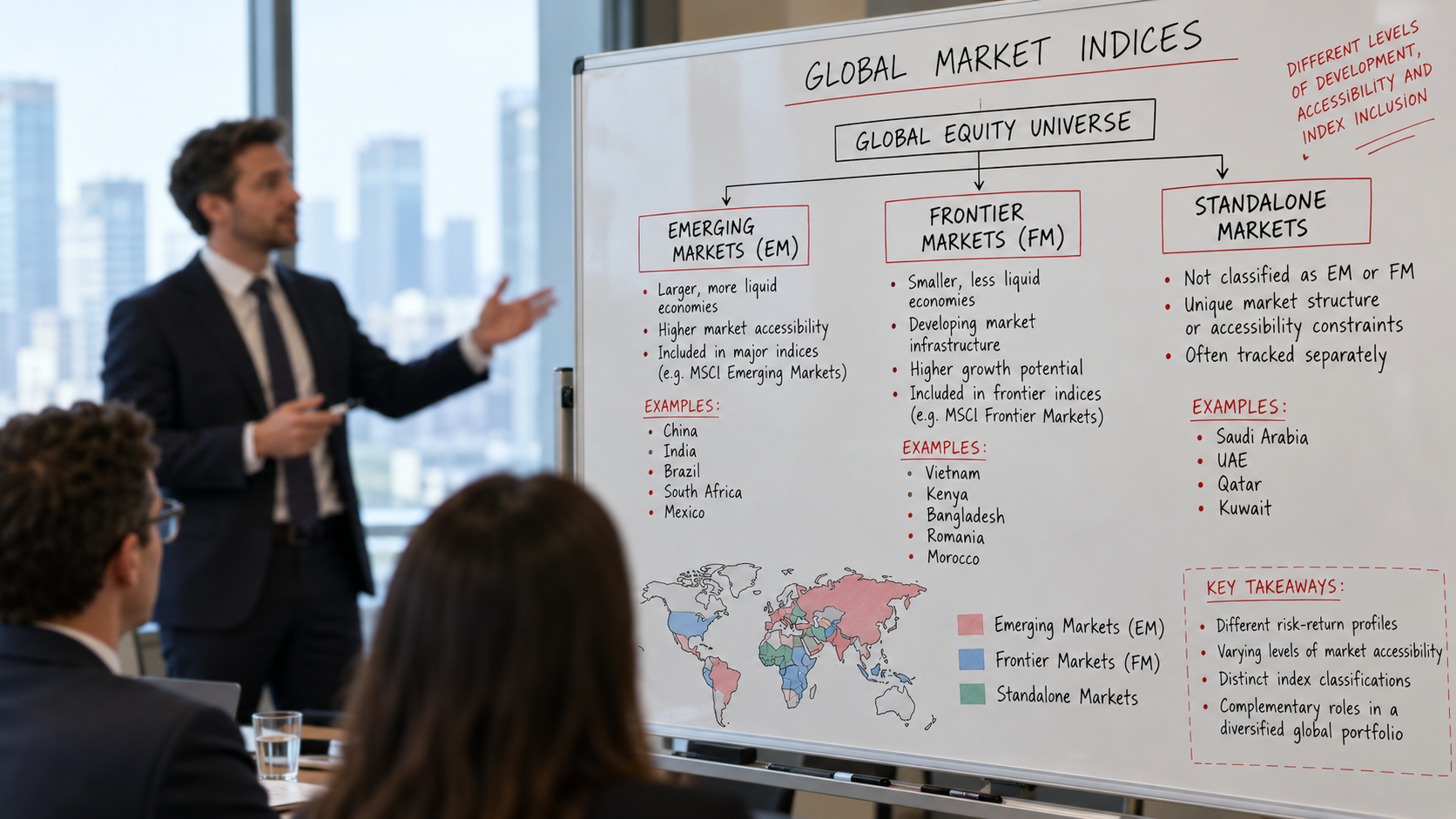 Tangan seorang analis menunjuk dokumen cetak mengenai alokasi dana global pada kategori Emerging Markets.