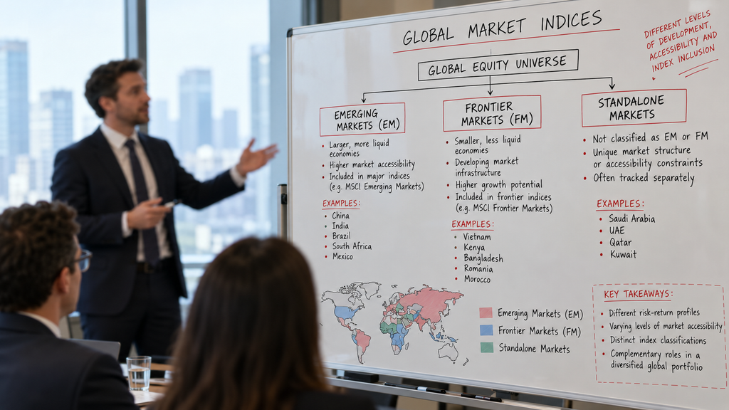 Diagram hierarki penggolongan pasar saham global (Emerging, Frontier, Standalone) yang digambar pada papan tulis putih.