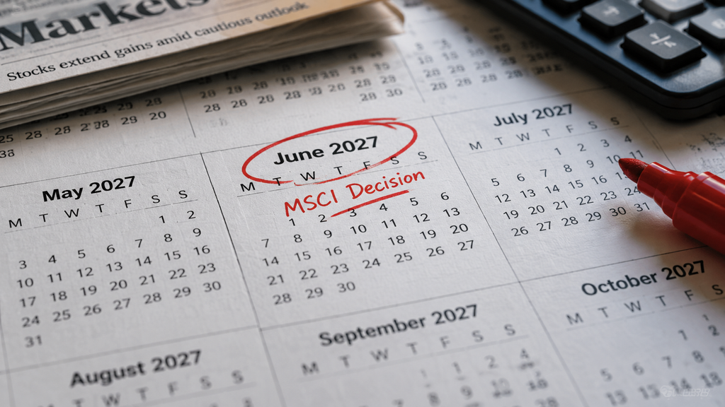 Tampilan jarak dekat kalender dengan penanda lingkaran merah pada bulan Juni 2027 sebagai tenggat keputusan final MSCI.