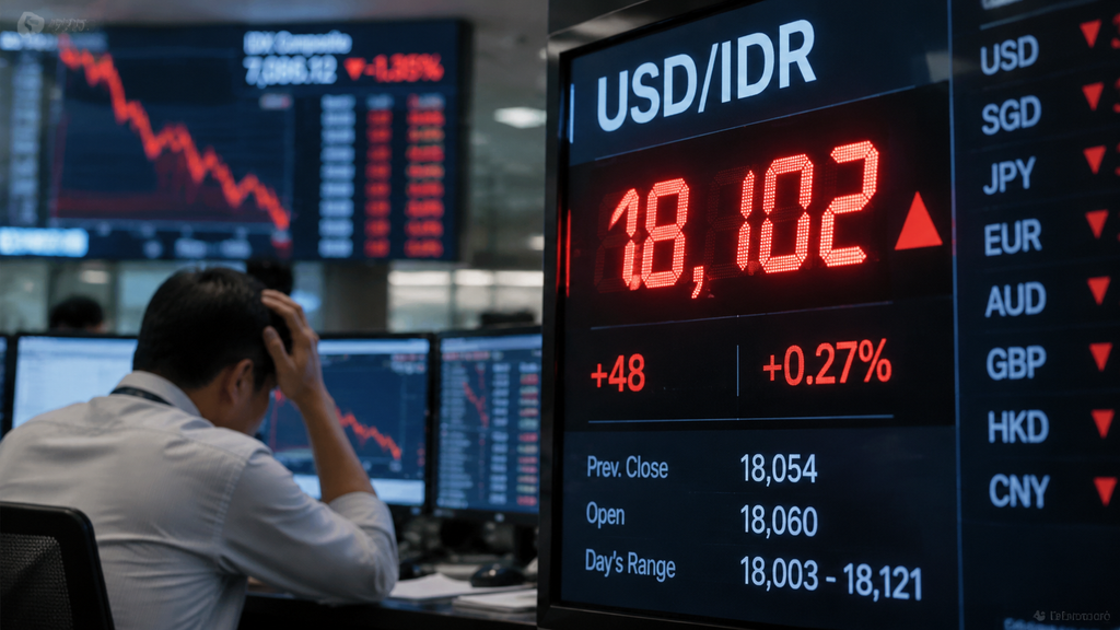 Papan digital penukaran valuta asing (valas) menampilkan nilai tukar Rupiah terhadap Dolar AS yang melemah menembus 18.100.