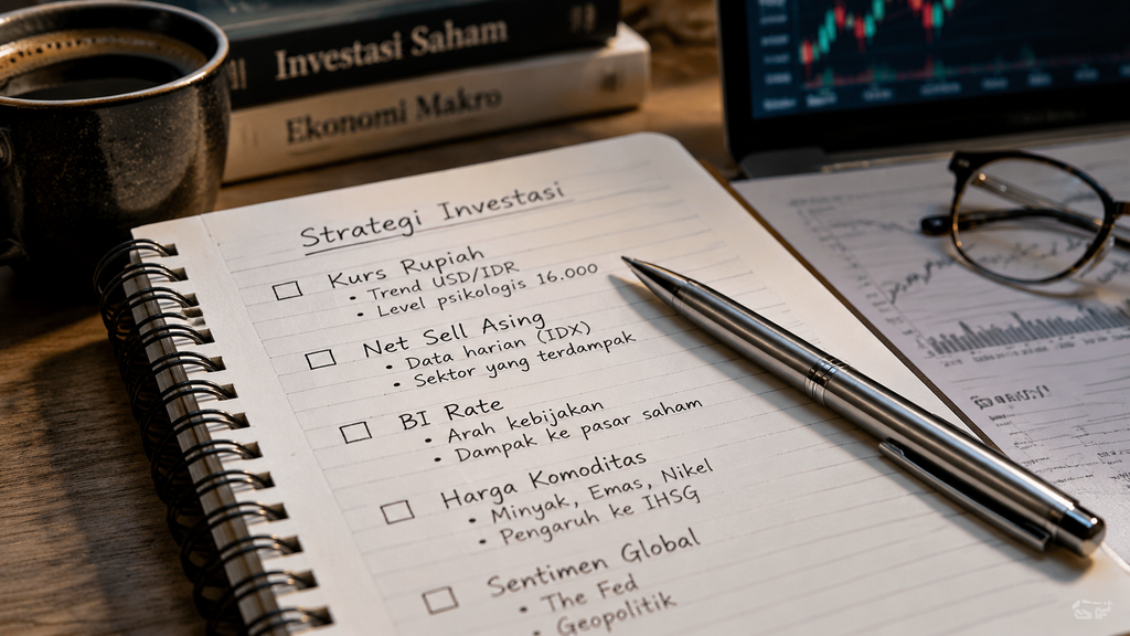 Buku catatan spiral berisi daftar pantauan (checklist) indikator ekonomi seperti kurs rupiah, net sell asing, dan suku bunga.