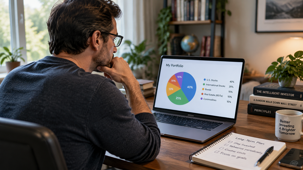 Seseorang duduk di meja kerjanya menatap layar laptop yang menampilkan grafik diagram lingkaran diversifikasi portofolio untuk menjaga risiko investasi.