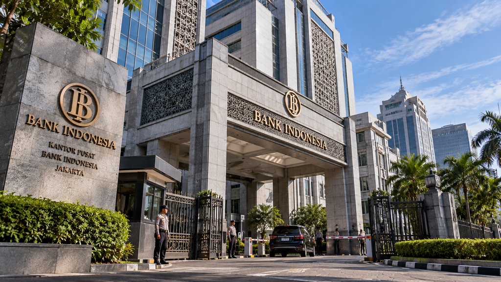 Fasad bangunan utama kompleks Bank Indonesia di Jakarta, merepresentasikan otoritas moneter yang merancang kebijakan stabilitas rupiah.