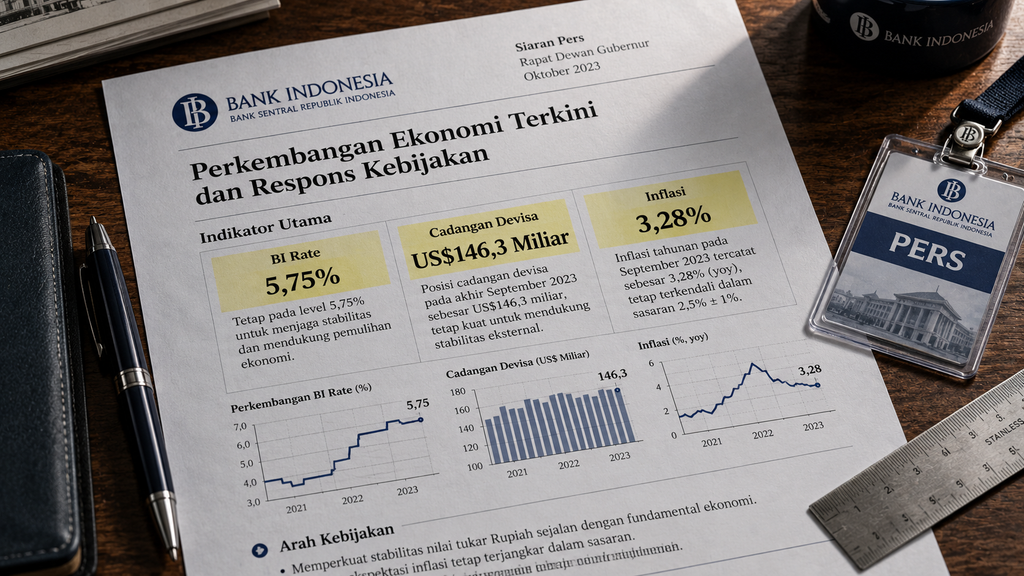 Lembar data makroekonomi yang memuat angka BI Rate 5,75 persen dan cadangan devisa US$146,3 miliar di atas meja riset.