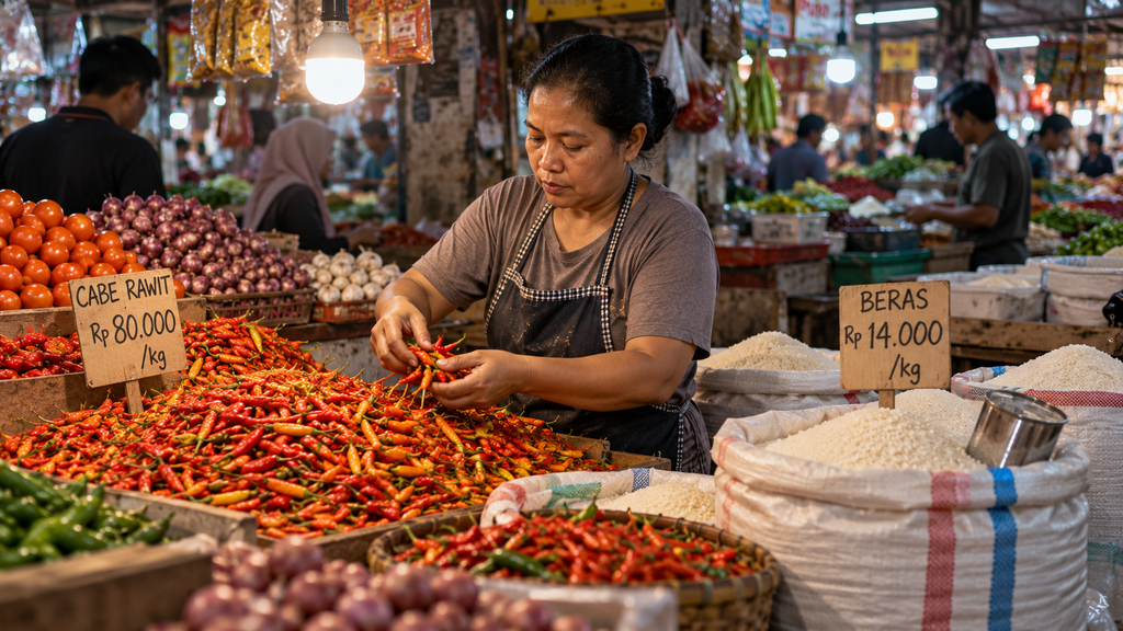 Pedagang pasar tradisional di Jakarta menata komoditas cabai rawit dan beras yang menjadi salah satu penyumbang inflasi bulanan.