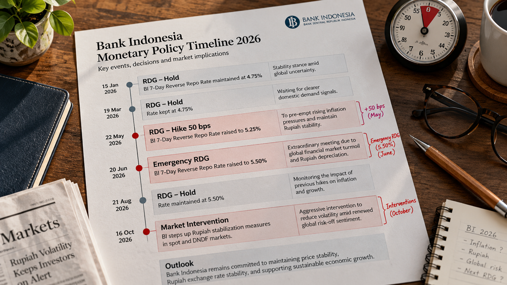 Lembar ringkasan linimasa dari RDG bulan Mei hingga Oktober 2026 yang mencatat respons agresif BI terhadap fluktuasi nilai tukar.